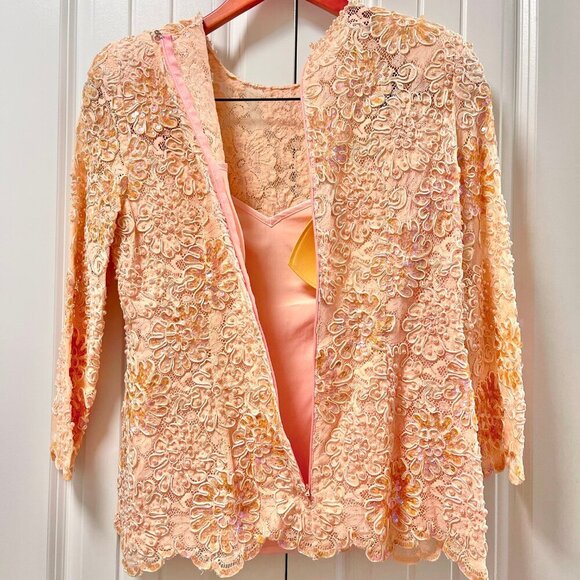 Vintage Pink Coral Lace Floral Pearl Embellished Top - Picture 8 of 12